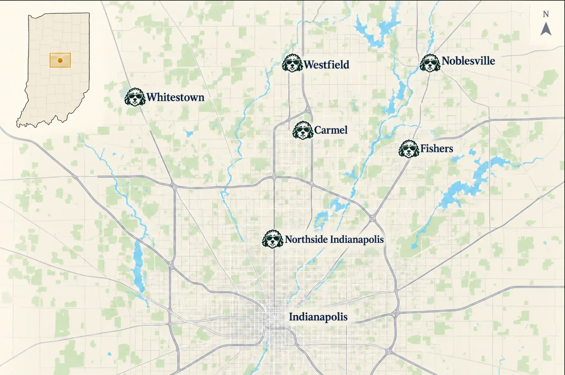 Map of The Good Dog Co. service area north of Indianapolis, marking Northside Indianapolis, Carmel, Westfield, Noblesville, Fishers and Whitestown
